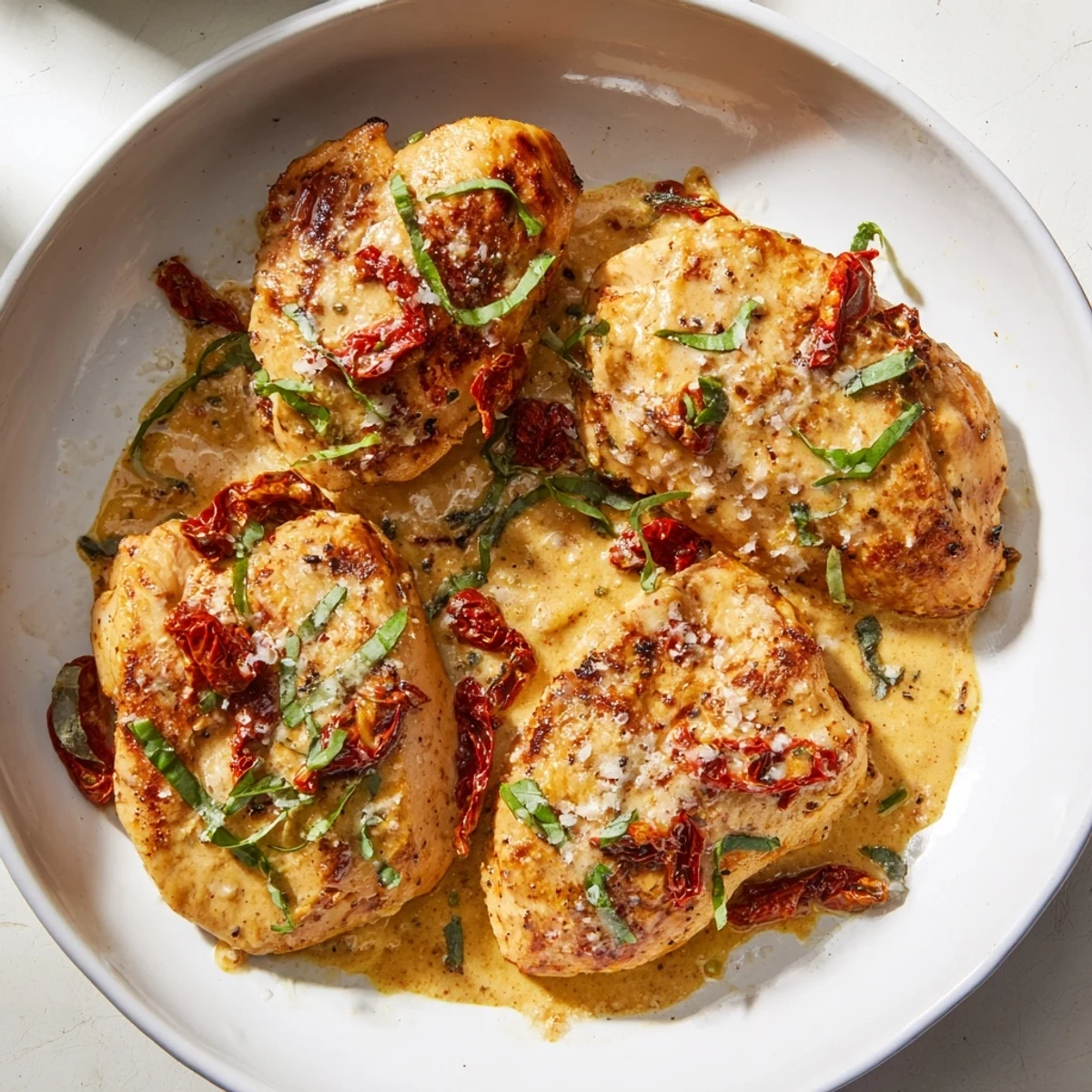 Golden chicken breasts bathed in a flavorful Creamy Sun-Dried Tomato Chicken Skillet sauce, ready to serve.