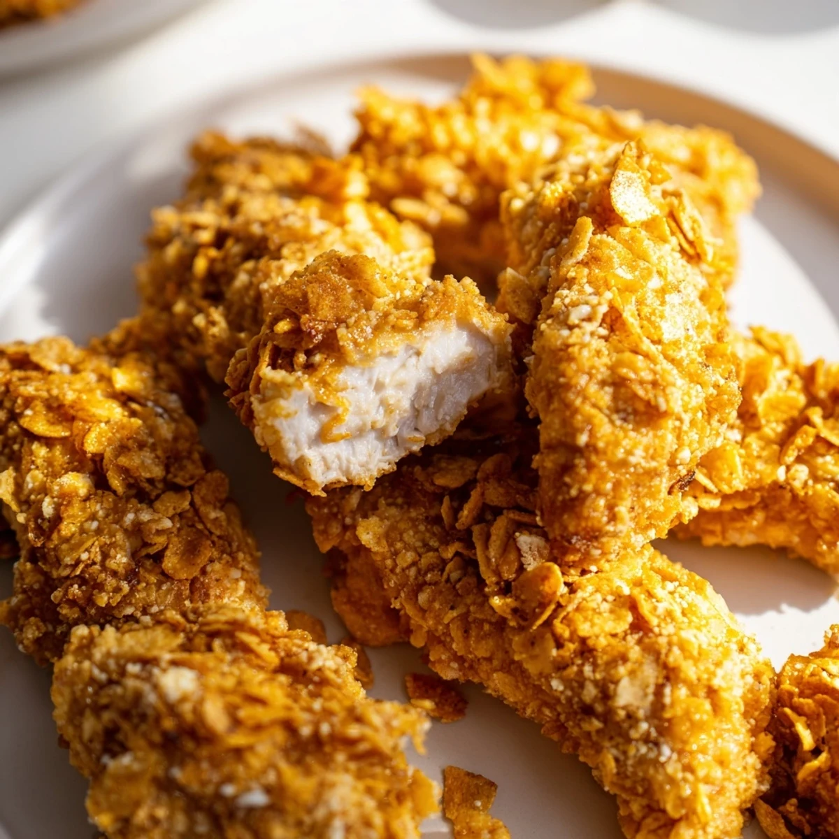 Freshly cooked crispy onion chip chicken tenders, showing the satisfying crisp texture and savory flavors.