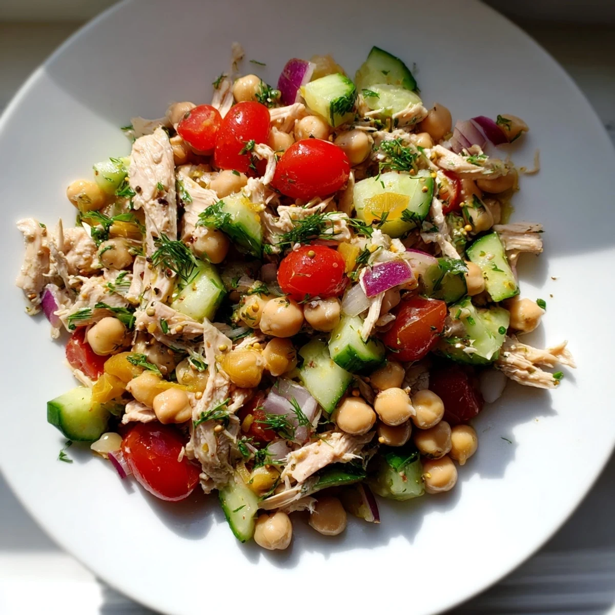 A close-up of delicious Dense Bean Salad with Lemon-Dill Chicken, perfect for a fresh summer meal.