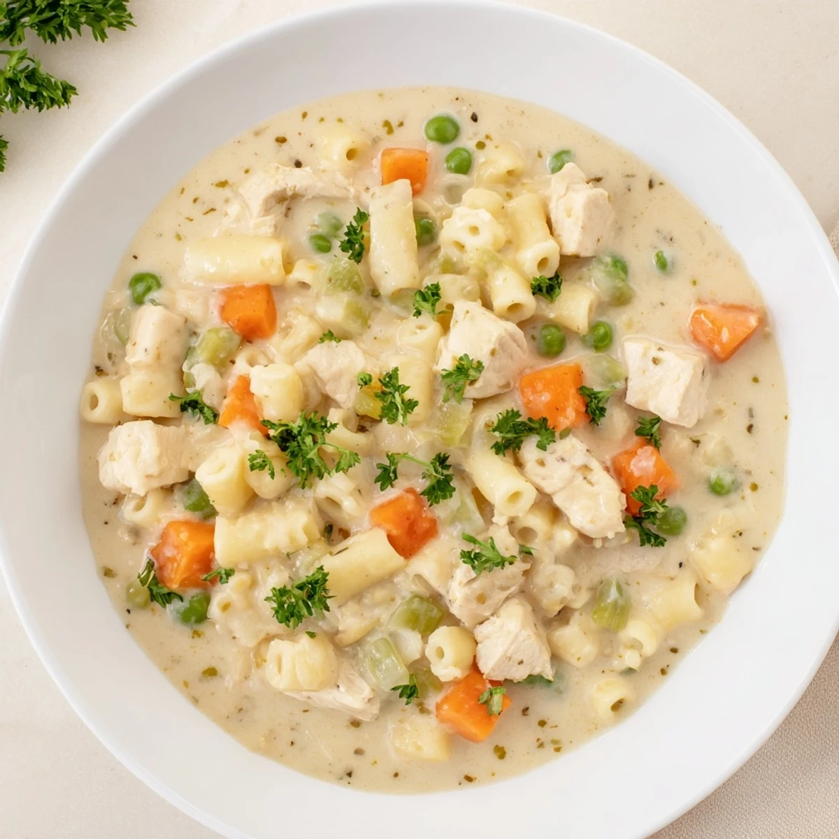 Chicken Pot Pie Pasta Soup, steaming and creamy, features tender chicken and ditalini pasta.