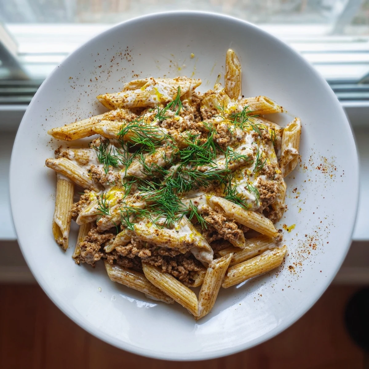 Steaming hot Turkish Pasta with Ground Turkey: a delicious plate of pasta topped with spiced turkey.