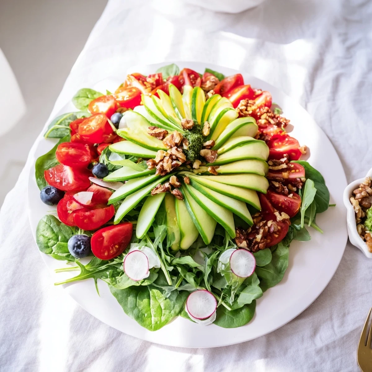 A beautifully arranged Fibonacci Fan Salad with colorful tomatoes, feta, and toasted walnuts, ready to enjoy.