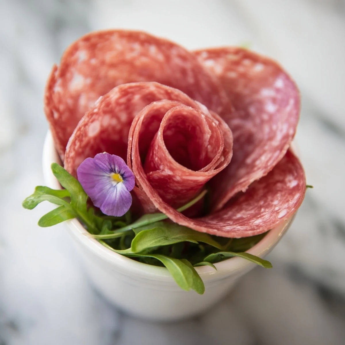 The Victorian Tea Rose appetizer, crafted with artfully rolled salami and pepperoni, sits pretty.