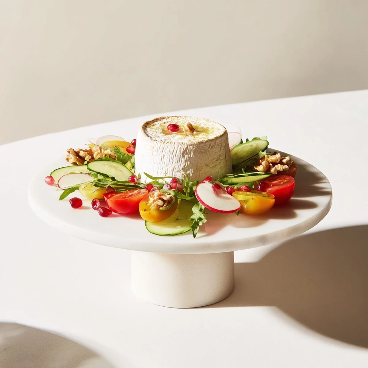 Vibrant The Zenith Point salad with fresh arugula, cherry tomatoes, and a soft, inviting cheese centerpiece.