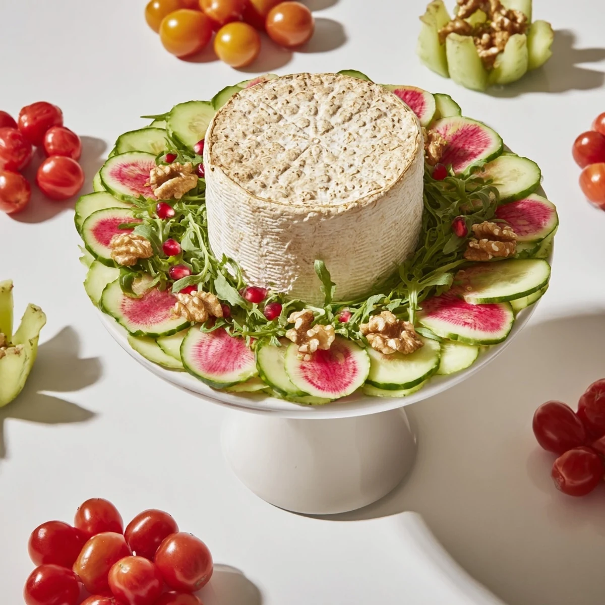 This elegant The Zenith Point salad presents a striking cheese wheel, encircled by colorful, fresh ingredients in rows.