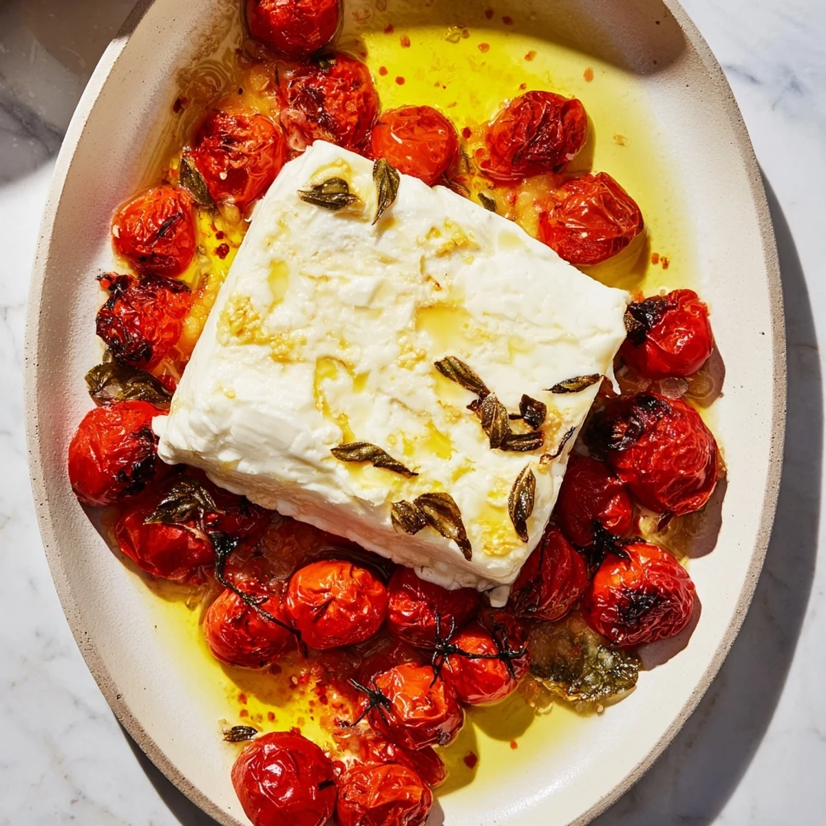 Creamy baked feta 2.0 with roasted tomatoes and honey, ready to serve with pasta and basil garnish.