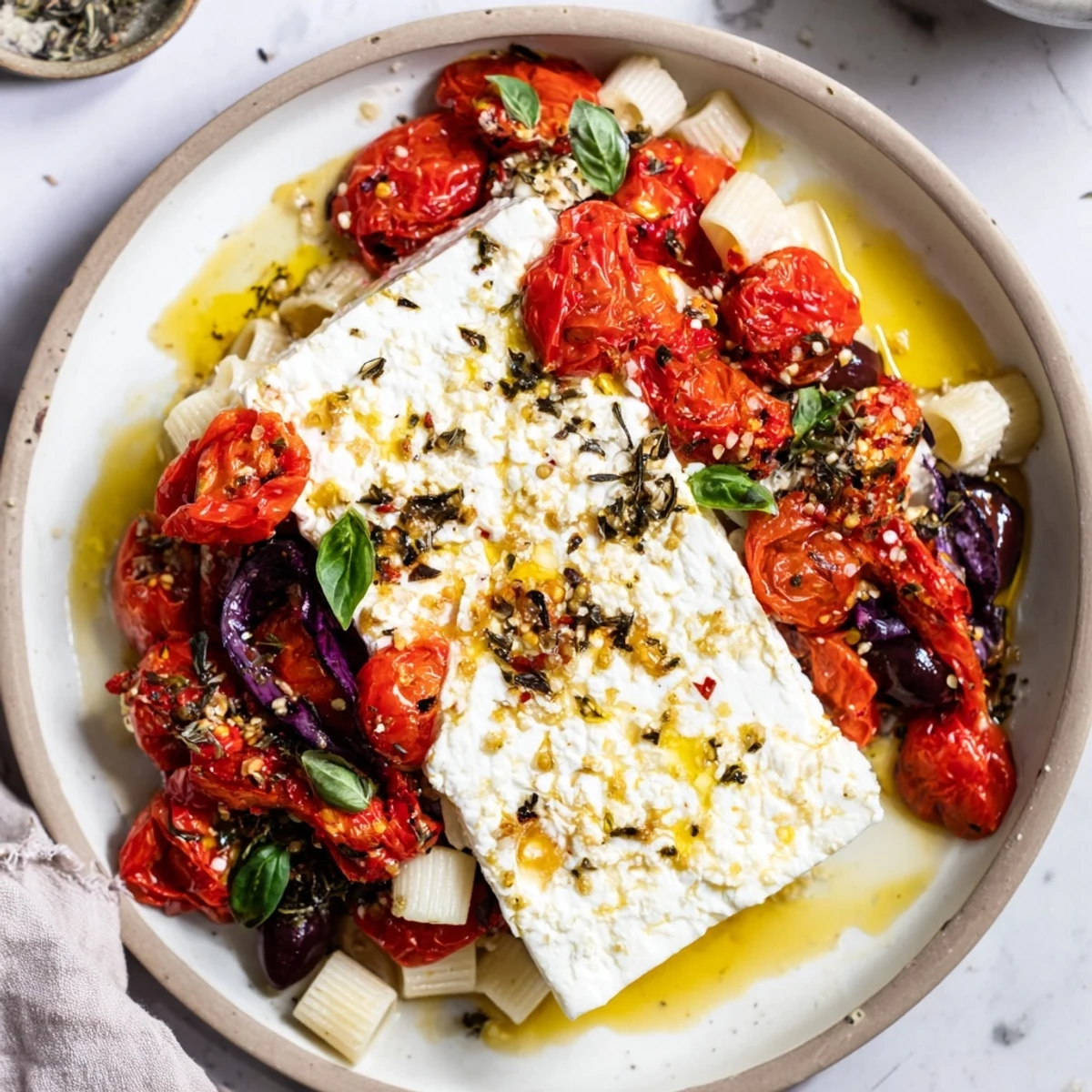 Freshly tossed baked feta 2.0 pasta with honey, chili, and basil, ready for a comforting dinner.