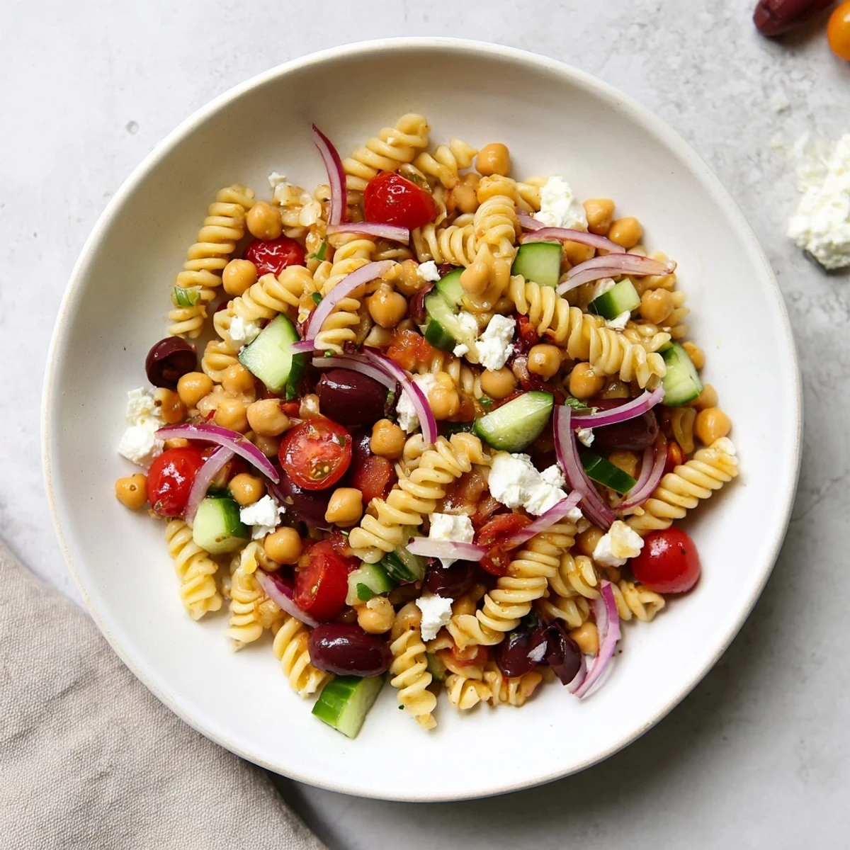 Vibrant Mediterranean Pasta Salad with chickpeas, feta crumbles, and fresh vegetables make a stunning summer meal.