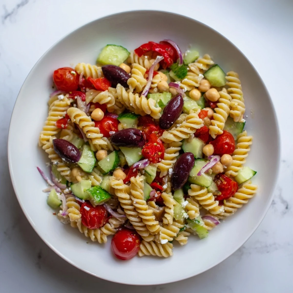 A refreshing bowl of Mediterranean Pasta Salad with chickpeas, tossed in a bright lemon dressing, is ready to serve.