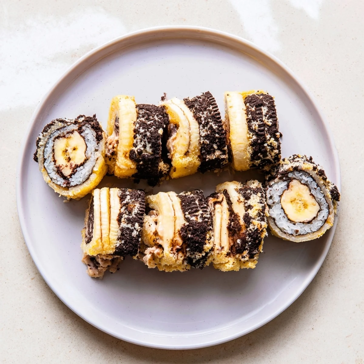 Vibrant Oreo Cookie Sushi Rolls coated in coconut, ready to dip in rich chocolate soy sauce.