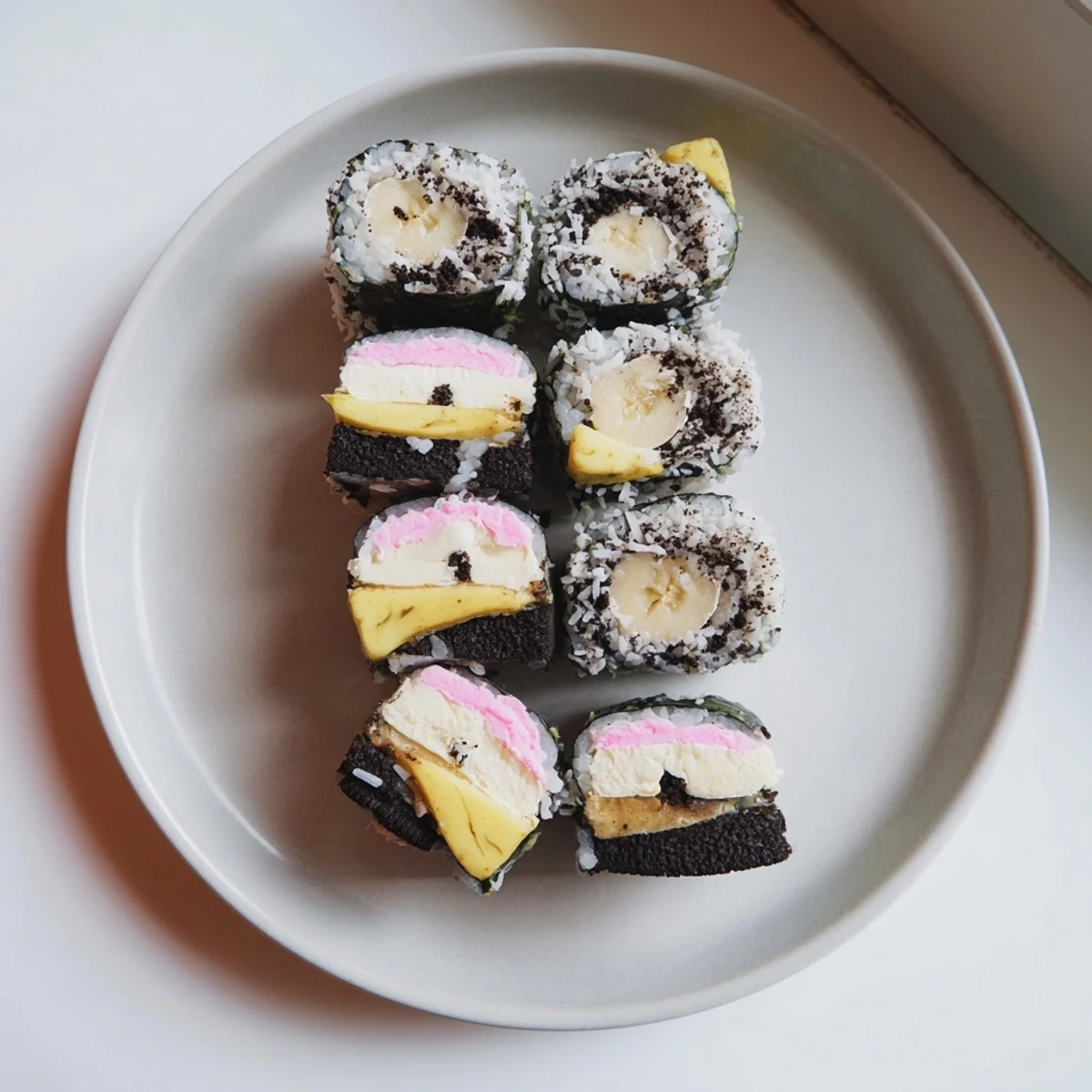 Close-up of freshly made Oreo Cookie Sushi Rolls, perfect for a fun, easy American dessert party.