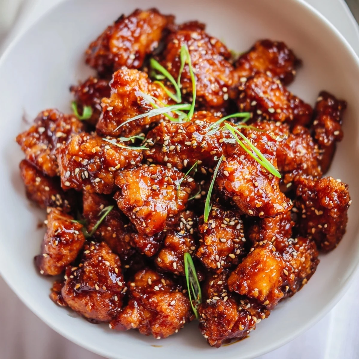 Golden-brown honey-Sriracha chicken bites, glazed and shimmering, ready to be served as a flavorful appetizer.