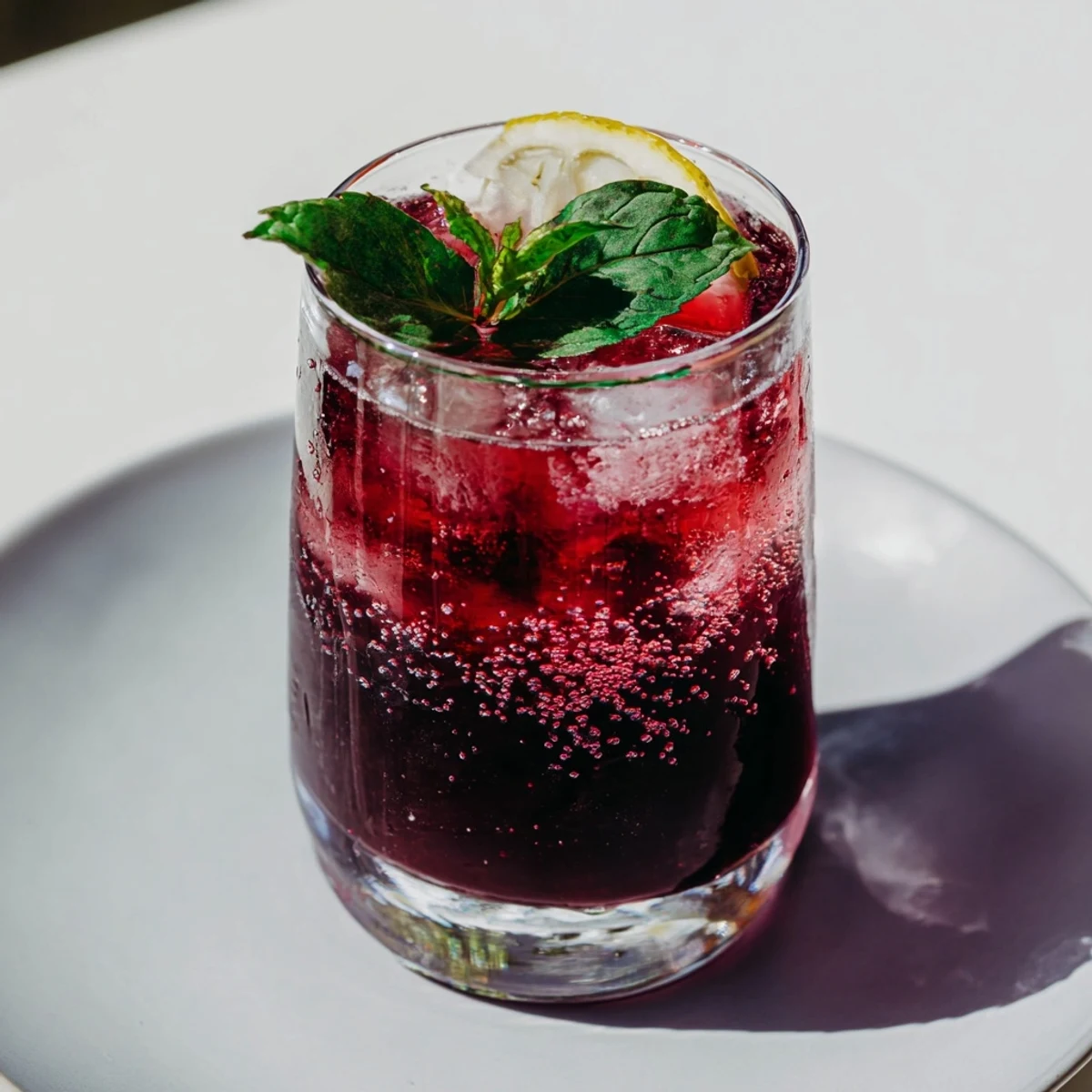 A vibrant Sleepy Girl Cherry Mocktail, garnished with mint, perfect for a relaxing evening.