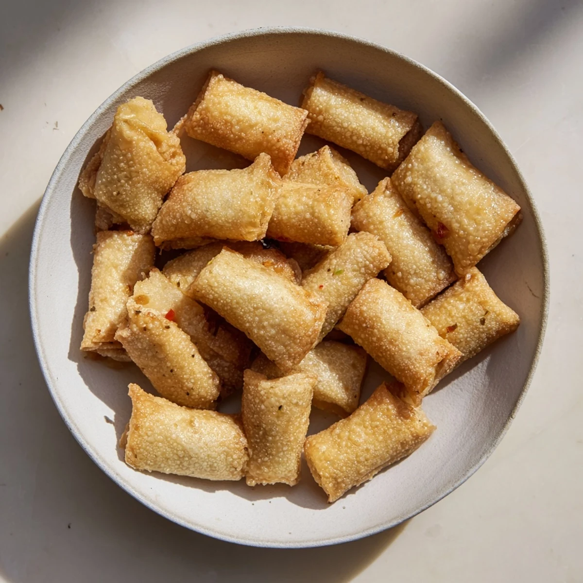 Freshly fried Filipino Crispy Garlic Lumpia Chips, offering a savory crunch with every bite, ready to enjoy.