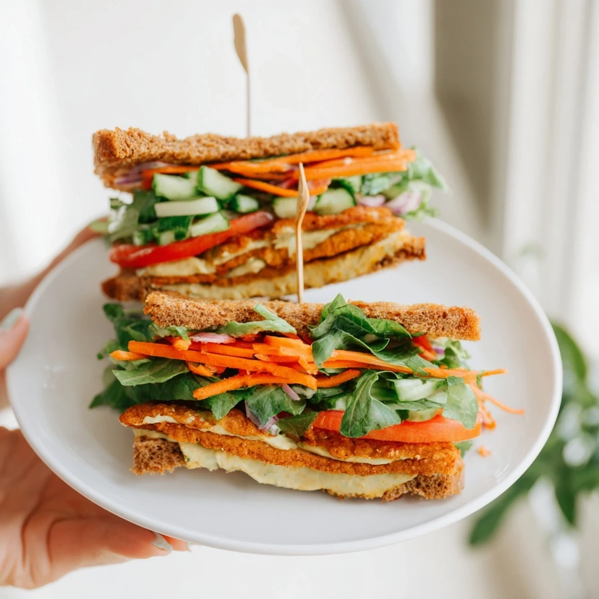 A close-up of a Crunchy Dill Pickle Sandwich overflowing with fresh, vibrant veggie fillings.