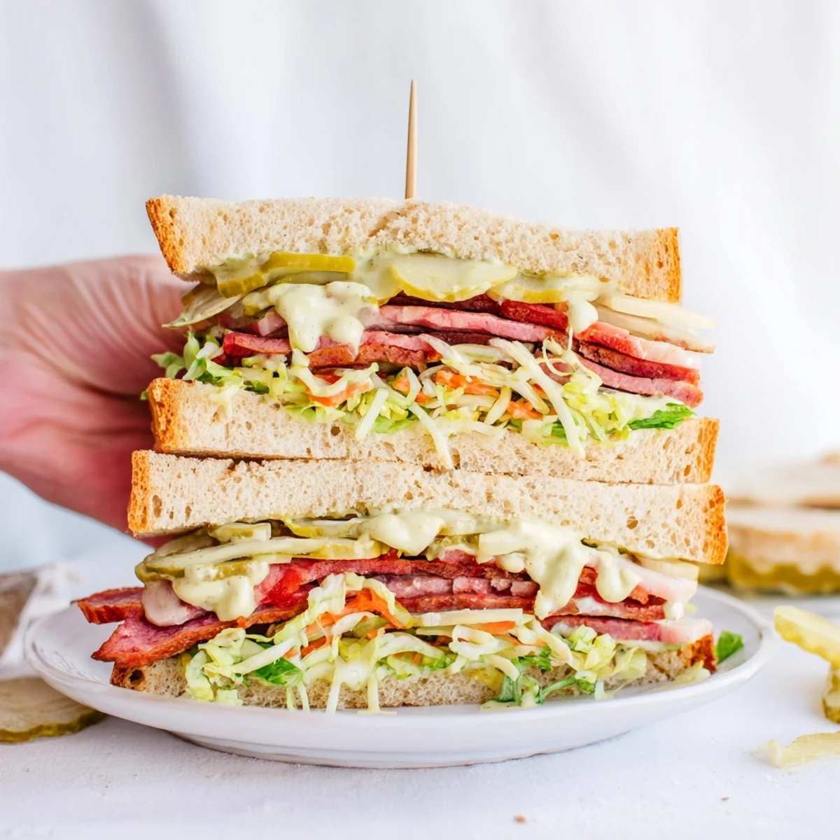 The loaded Crunchy Dill Pickle Sandwich features overflowing pickle slices and a creamy spread, ready to eat.