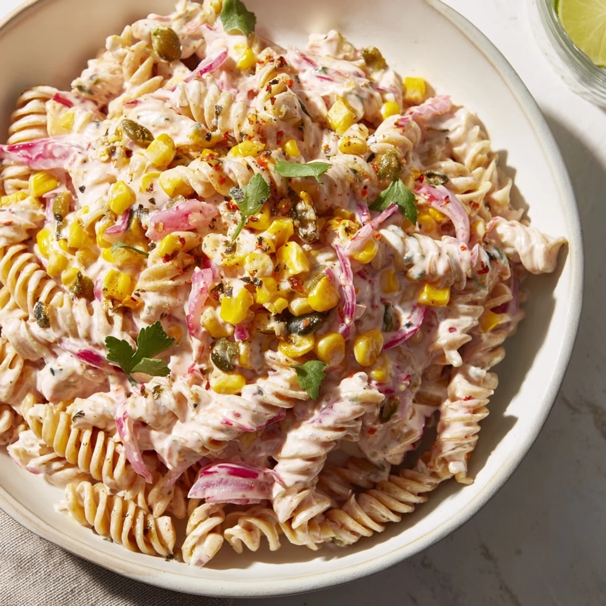 Creamy Street Corn Pasta Salad with charred corn kernels and a vibrant cilantro garnish.