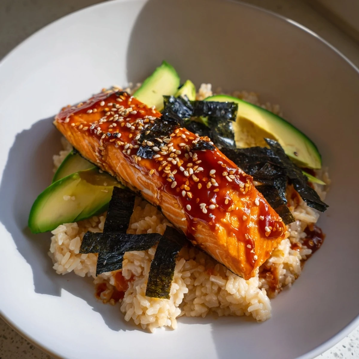 Sizzling, glazed Emily Mariko-Inspired Sticky Orange Gochujang Salmon Bowl, combining vibrant colors and delicious flavors.