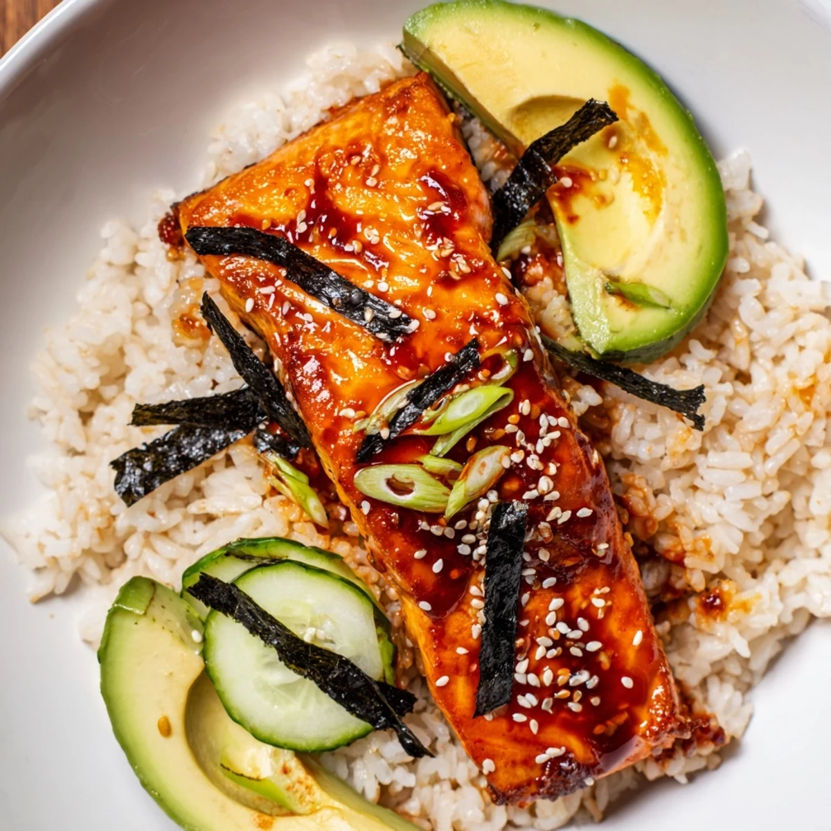 A complete Emily Mariko-Inspired Sticky Orange Gochujang Salmon Bowl picture with tender salmon, rice, and fresh garnishes.