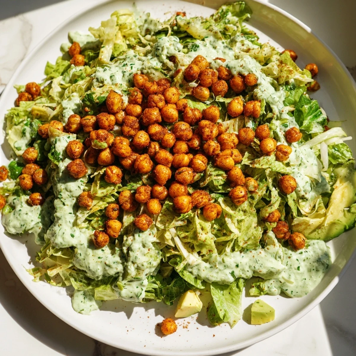 Vibrant Green Goddess Salad with crispy chickpeas looks delicious, tossed with creamy dressing and crunchy toppings.