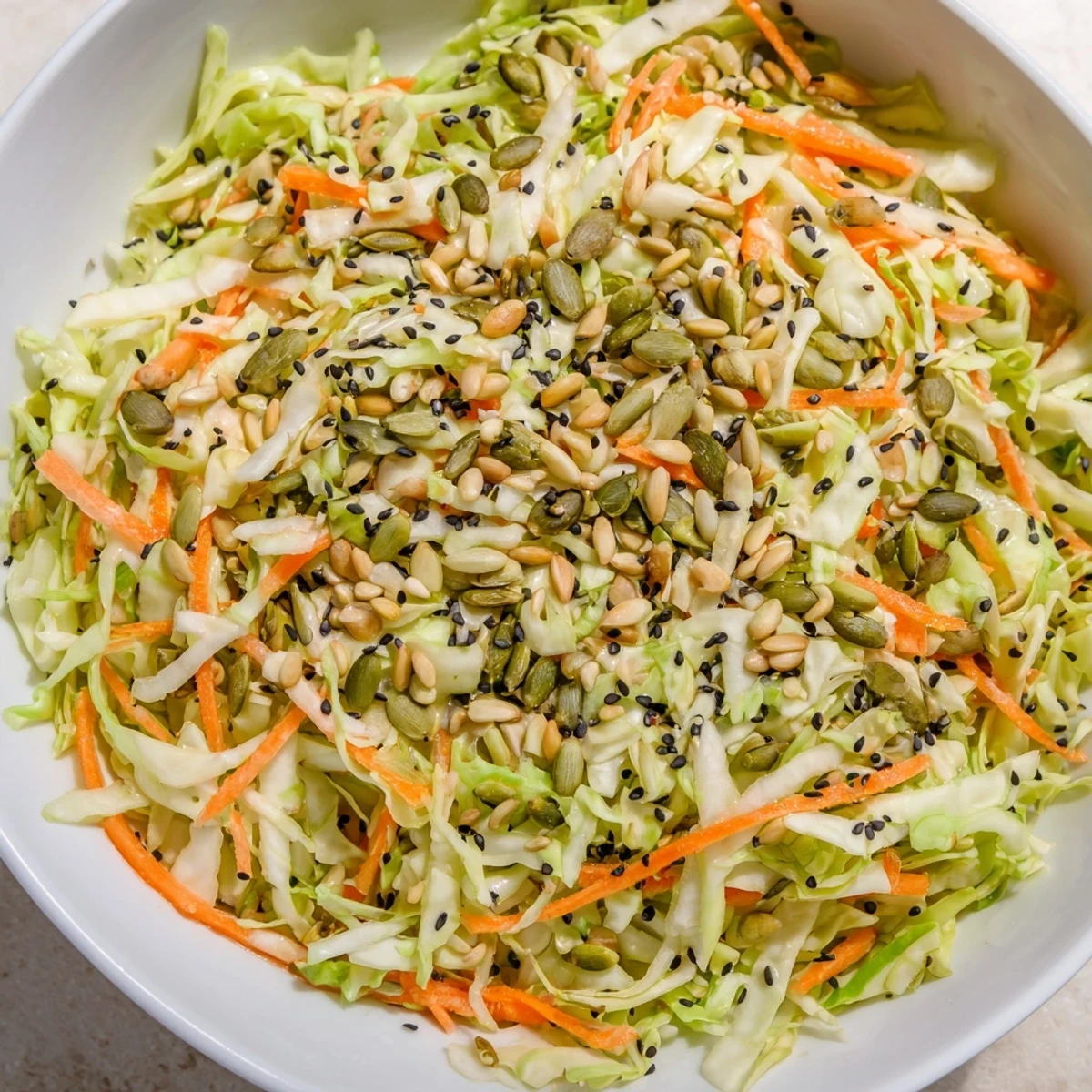 A refreshing Cabbage-Core Slaw Salad featuring crunchy cabbage, carrots, and a flavorful sesame dressing.