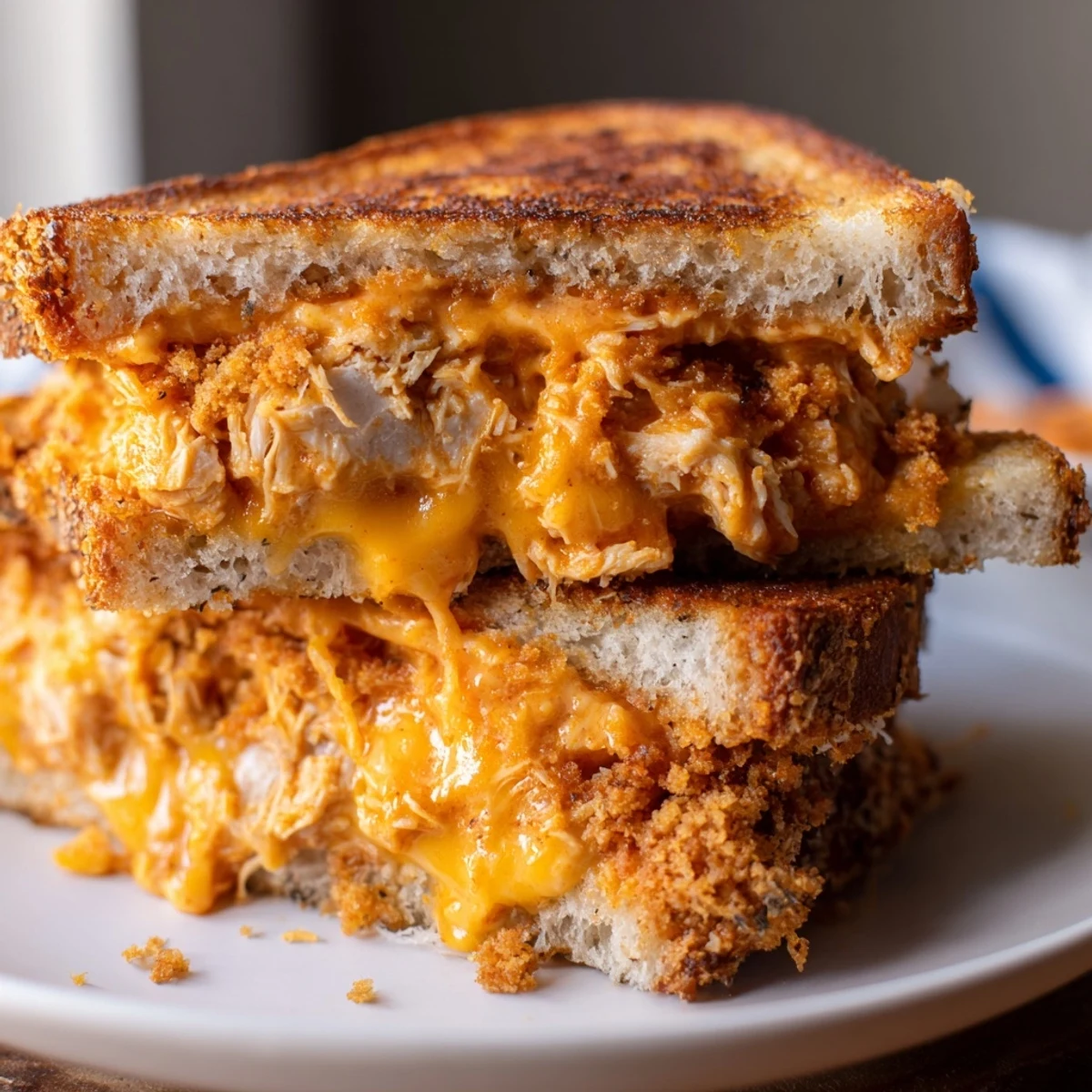Golden-brown Spicy Crispy Chicken Sandwich Grilled Cheese, oozing melted cheese and spicy chicken filling.