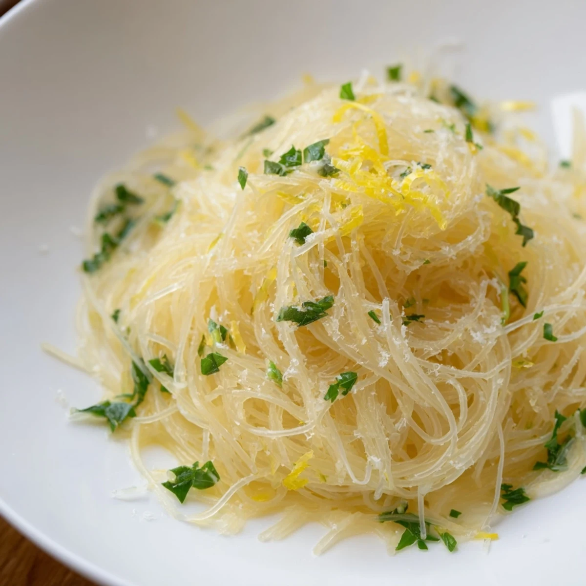 A close-up of finished Lemon Capellini; angel hair pasta and fresh herbs shining.