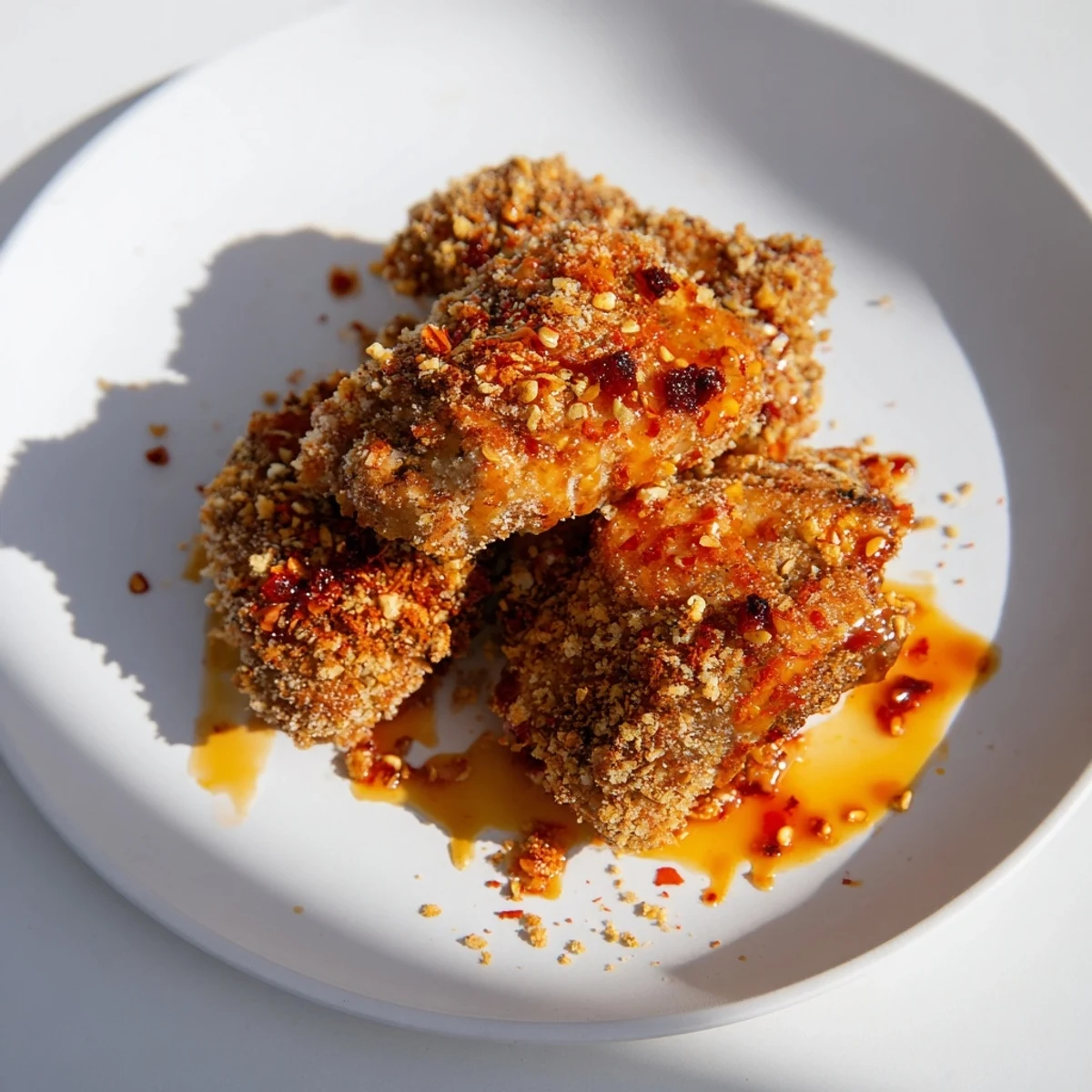 Golden-brown, crispy Hot Honey Crispy Chicken Thighs glistening with spicy, sweet glaze, perfect dinner.