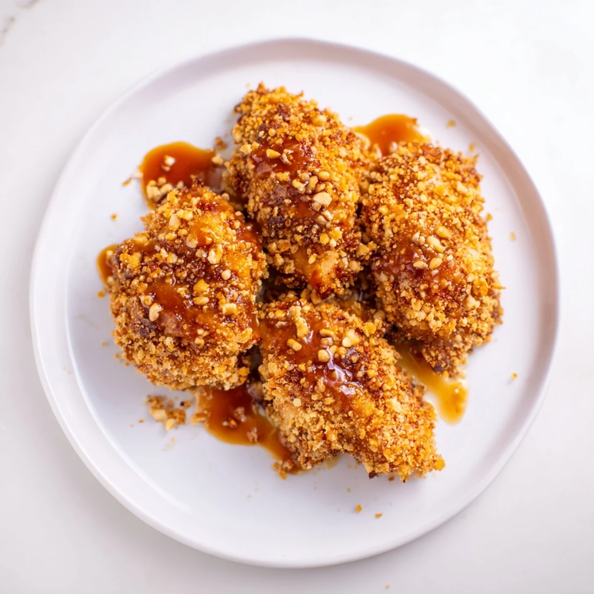 Close-up of fried Hot Honey Crispy Chicken Thighs, showcasing the golden panko crust and hot honey.