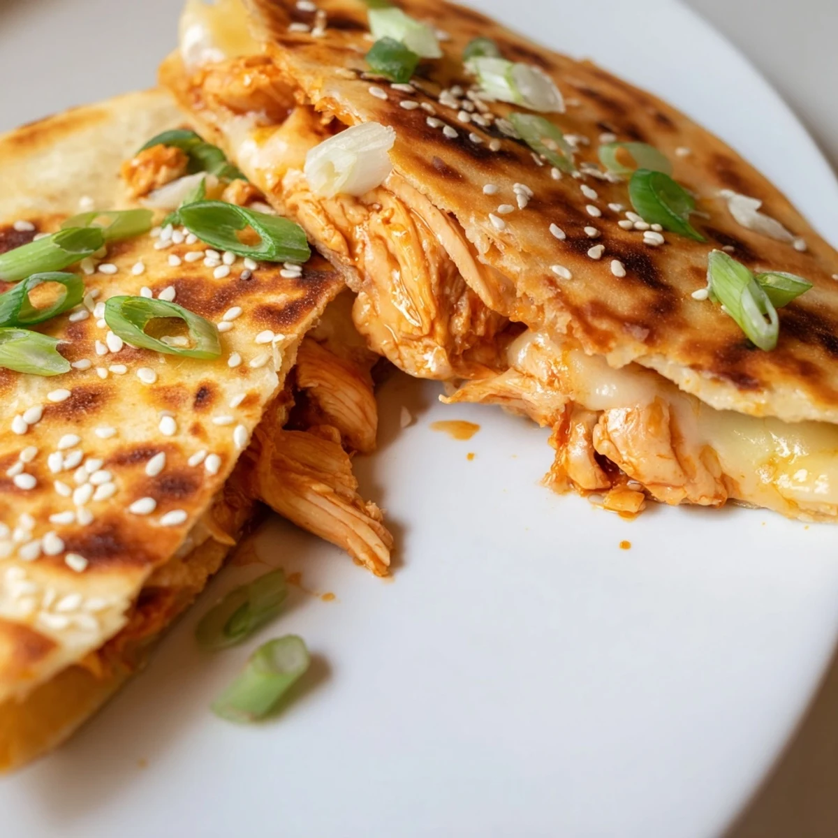 Golden-brown Korean BBQ Chicken Wrap Grilled Cheese, oozing with melted cheese and fresh green scallions.