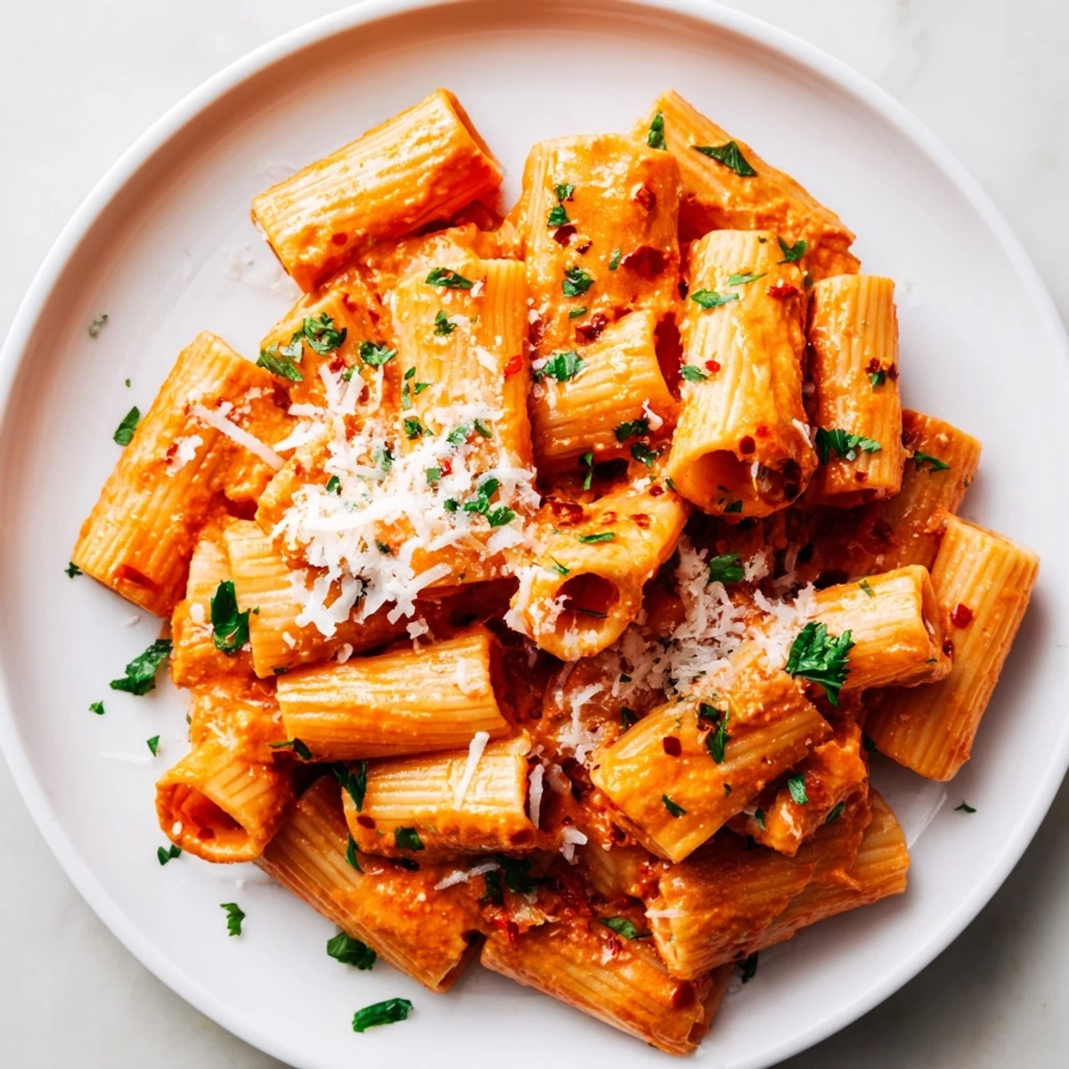 Gigi Hadid-Style Spicy Rigatoni, a vibrant, creamy pasta dish with fresh parsley garnishing.