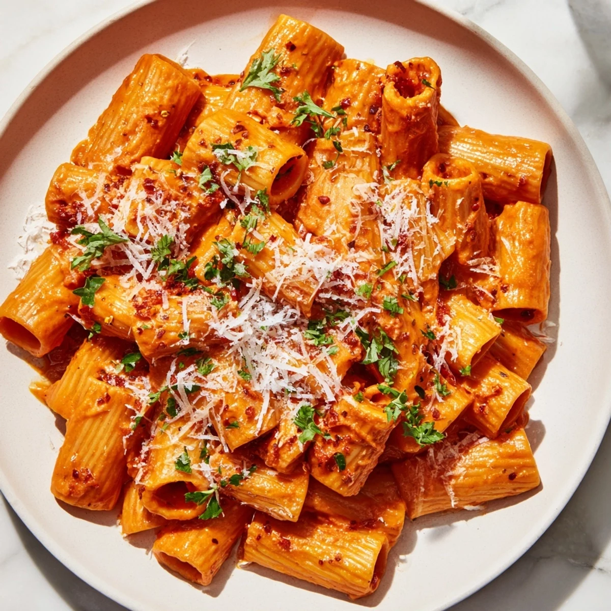 Enjoy a forkful of Gigi Hadid-Style Spicy Rigatoni, showcasing a luscious tomato-vodka sauce.
