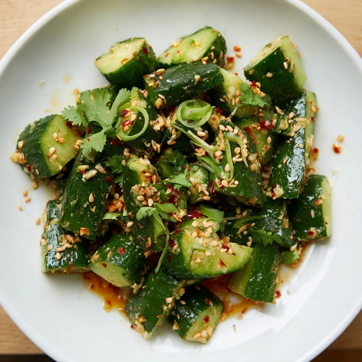 Close-up of the Chinese Spicy Smashed Cucumber Salad, showing glistening cucumbers coated in the flavorful dressing with sesame seeds.