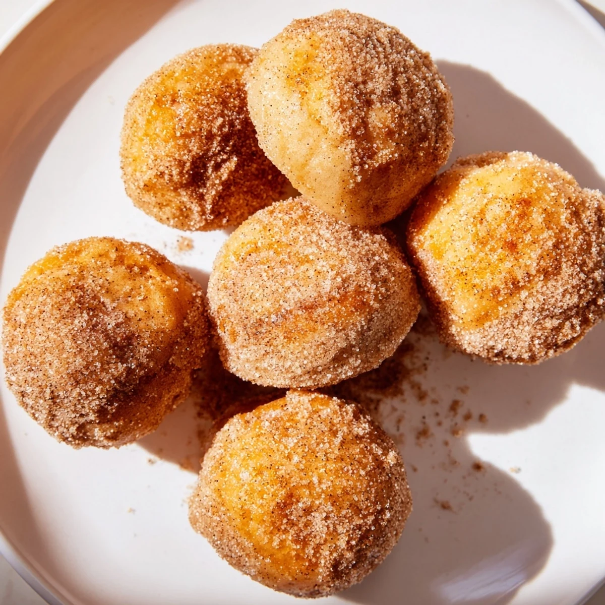 Fluffy, golden Air Fryer Cinnamon Donuts sprinkled with cinnamon sugar, perfect for a quick breakfast.