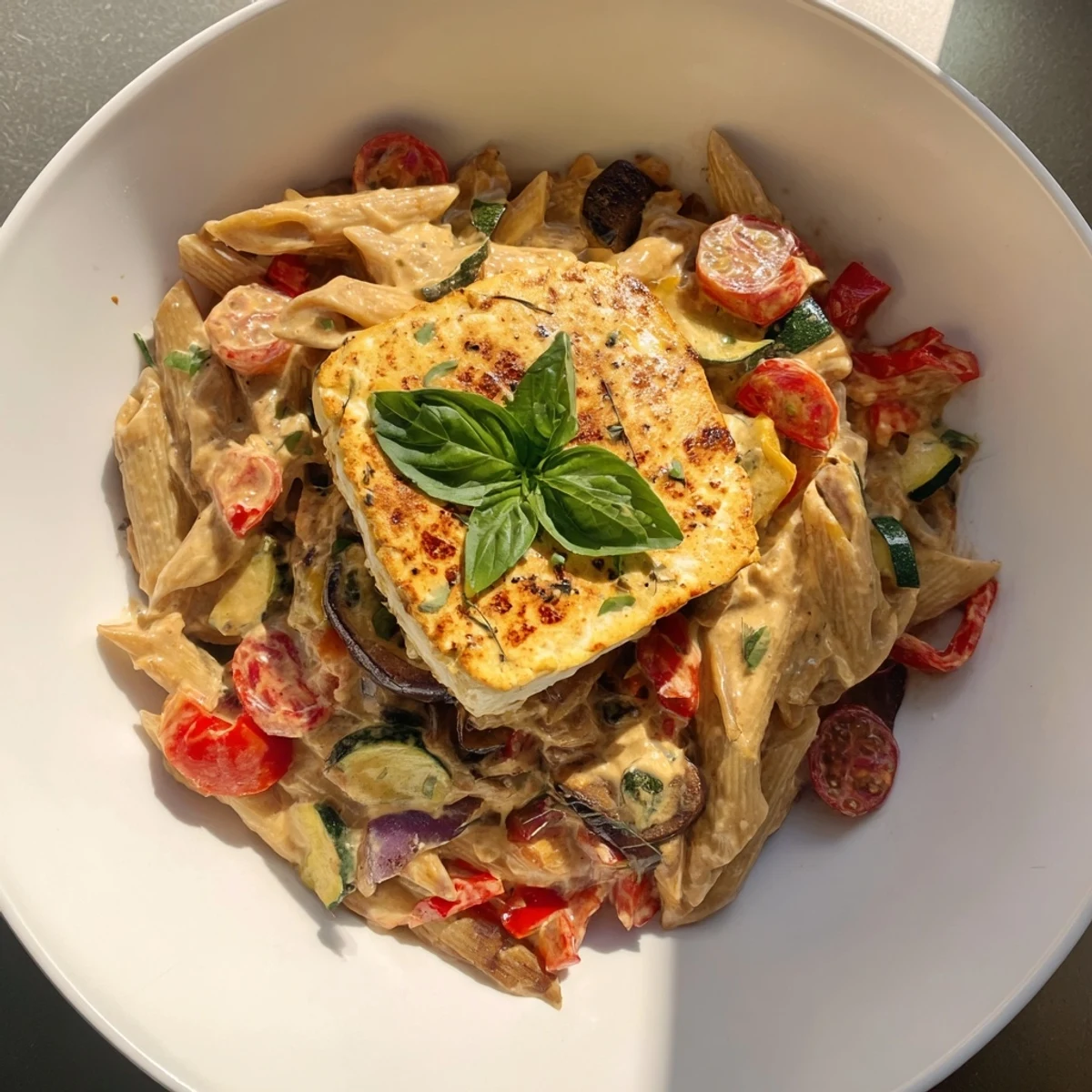 Creamy baked feta pasta with bubbly cheese, a satisfying and easy vegetarian meal.