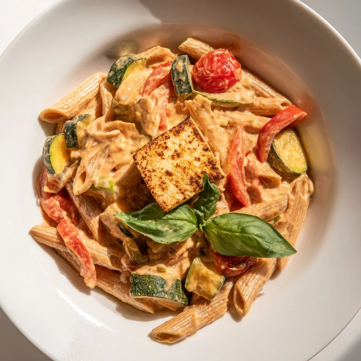 Golden baked feta pasta with colorful roasted vegetables, ready to serve with fresh basil.