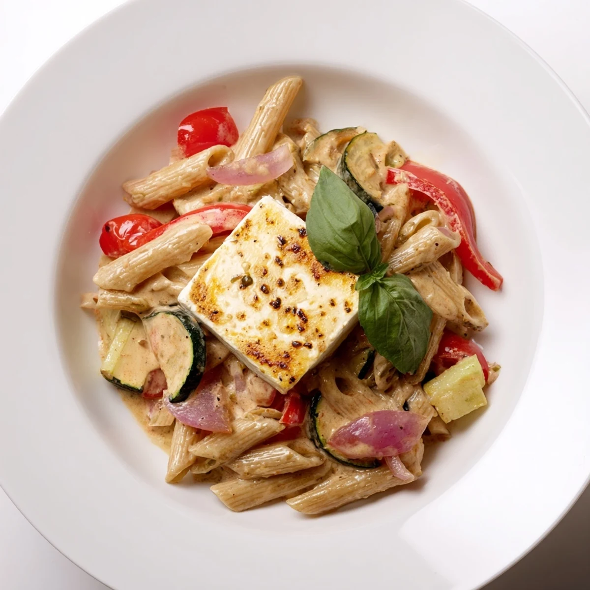 Flavorful baked feta pasta featuring wholesome whole-grain pasta and vibrant roasted tomatoes.