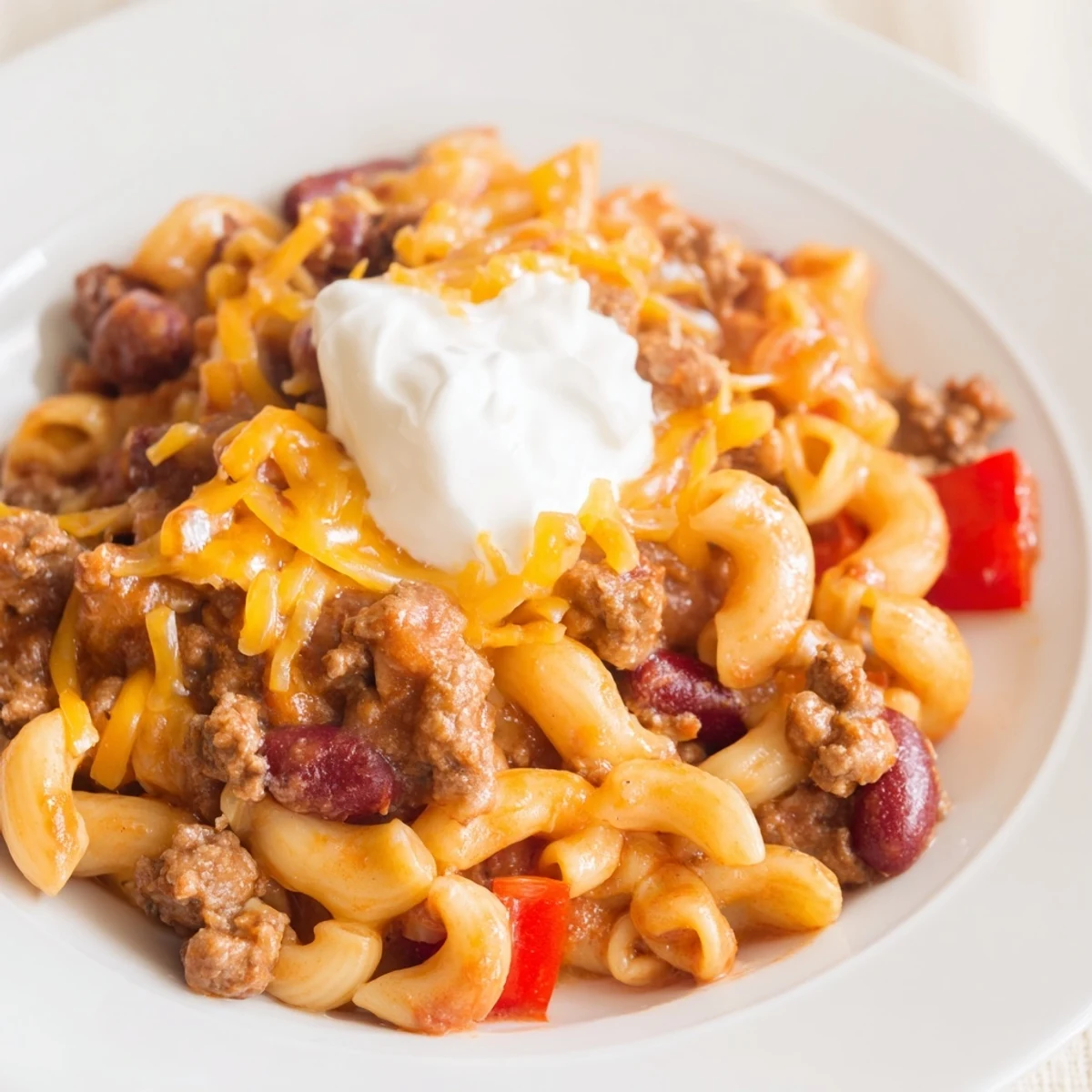 One-Pot Chili Mac: a steaming, hearty pot of pasta, beef, and melted cheddar cheese.