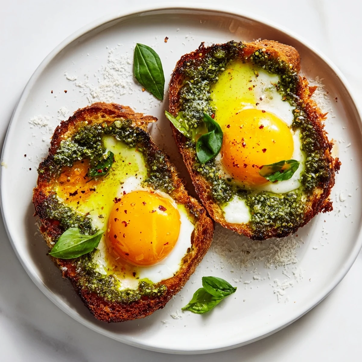 Warm, golden pesto egg toast with perfectly jammy eggs, a vibrant and flavorful breakfast.