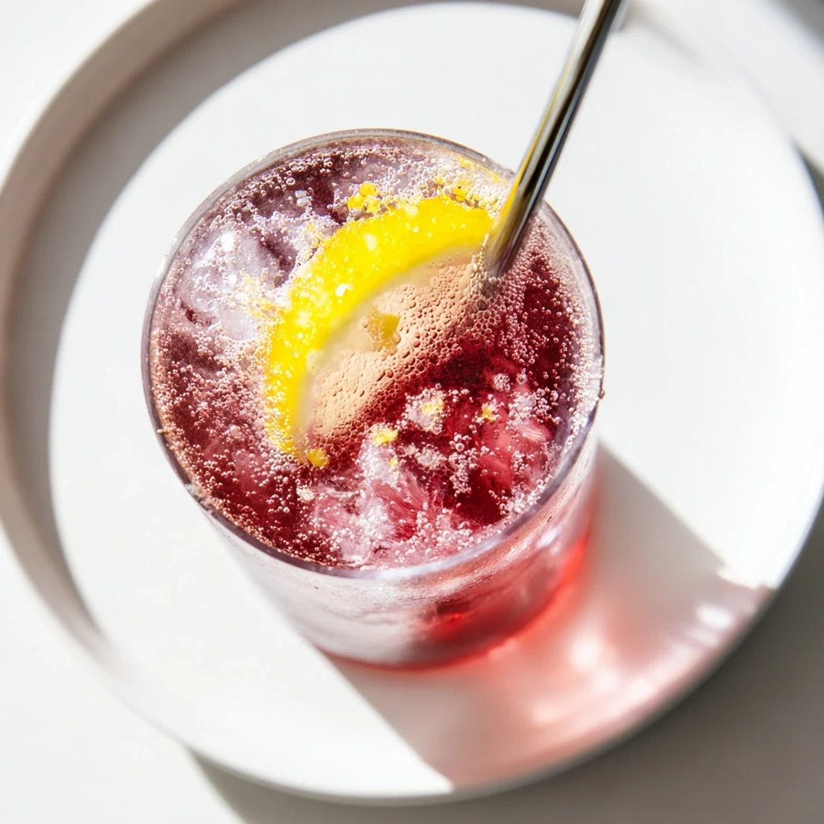 A vibrant Sleepy Girl Mocktail: dark cherry juice with ice, fizzy bubbles, and lemon garnish.