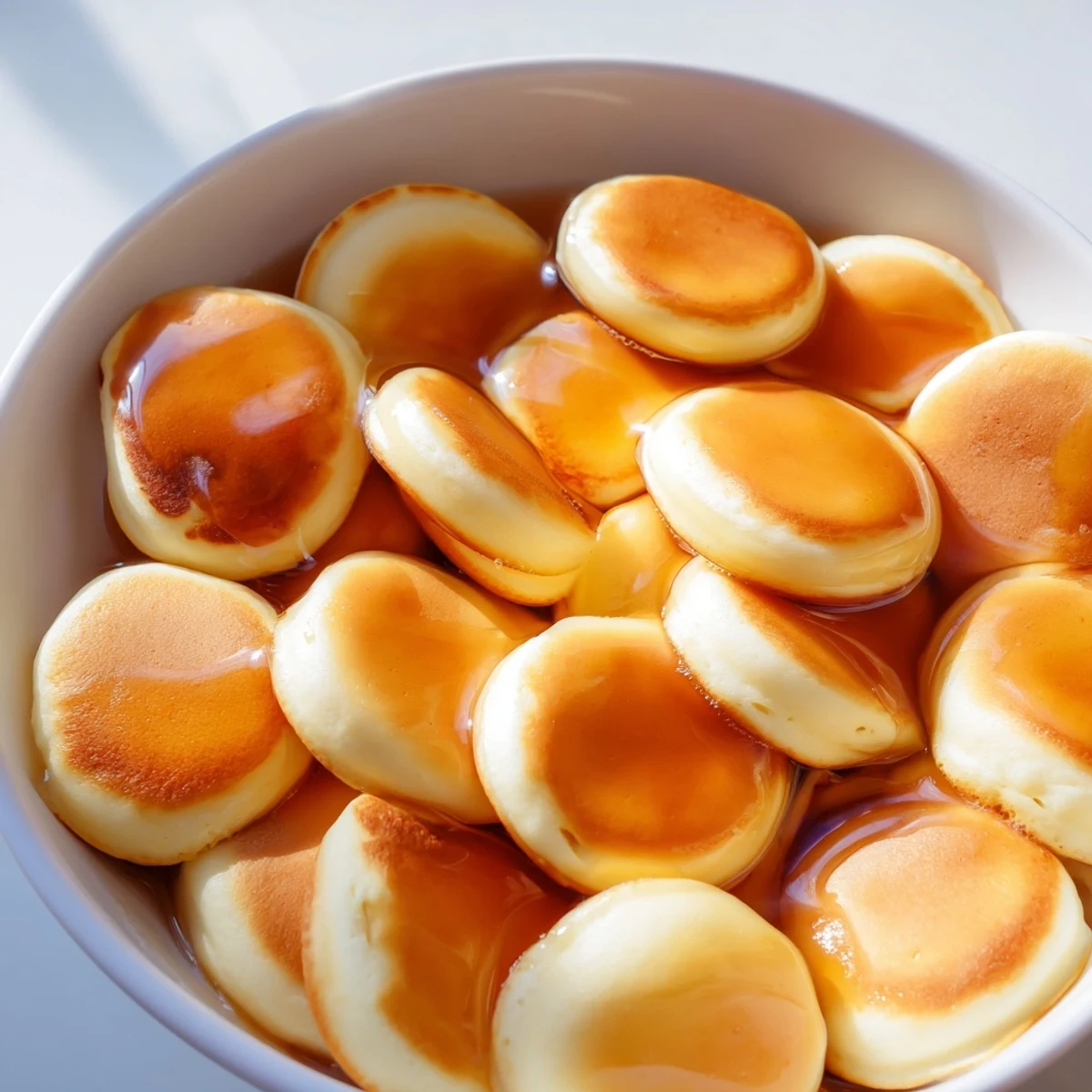 Golden, fluffy pancake cereal swimming in milk, a fun breakfast ready to be enjoyed.