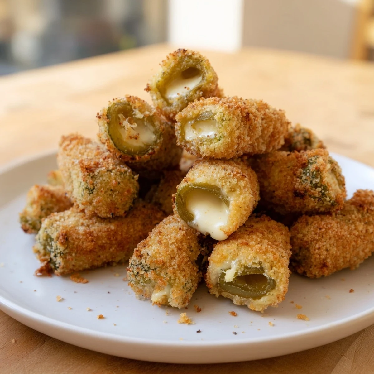 Golden-brown Crispy Chickle Bites, cheesy and pickle-filled, ready to be dipped and enjoyed.