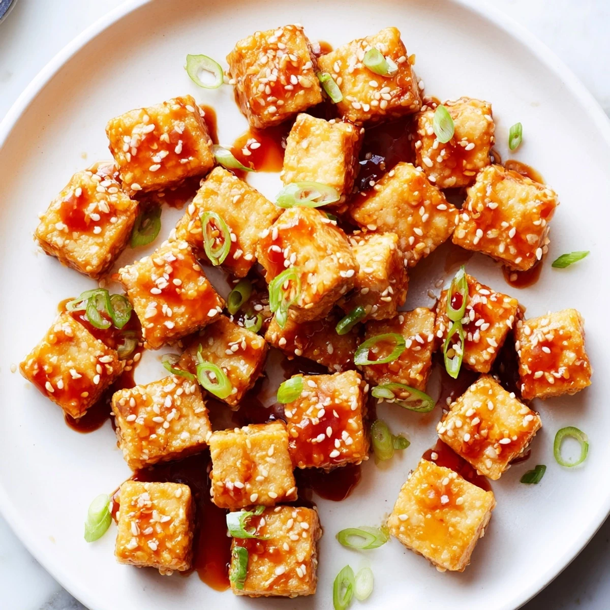 Golden crispy Honey Gochujang Tofu glistening with a sweet and spicy glaze ready to eat.