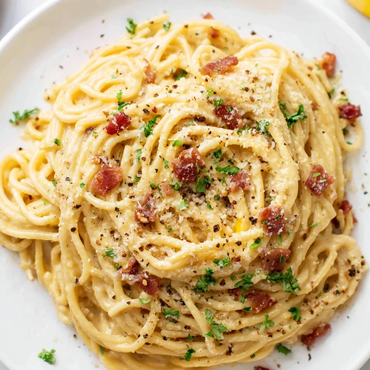 Creamy Ramen Carbonara hack: a steaming bowl featuring perfectly coated noodles, bacon, and Parmesan.