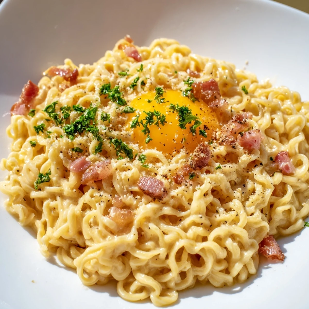 Simple Ramen Carbonara: a close-up of the finished dish, with parsley sprinkled over the perfect, creamy noodles.