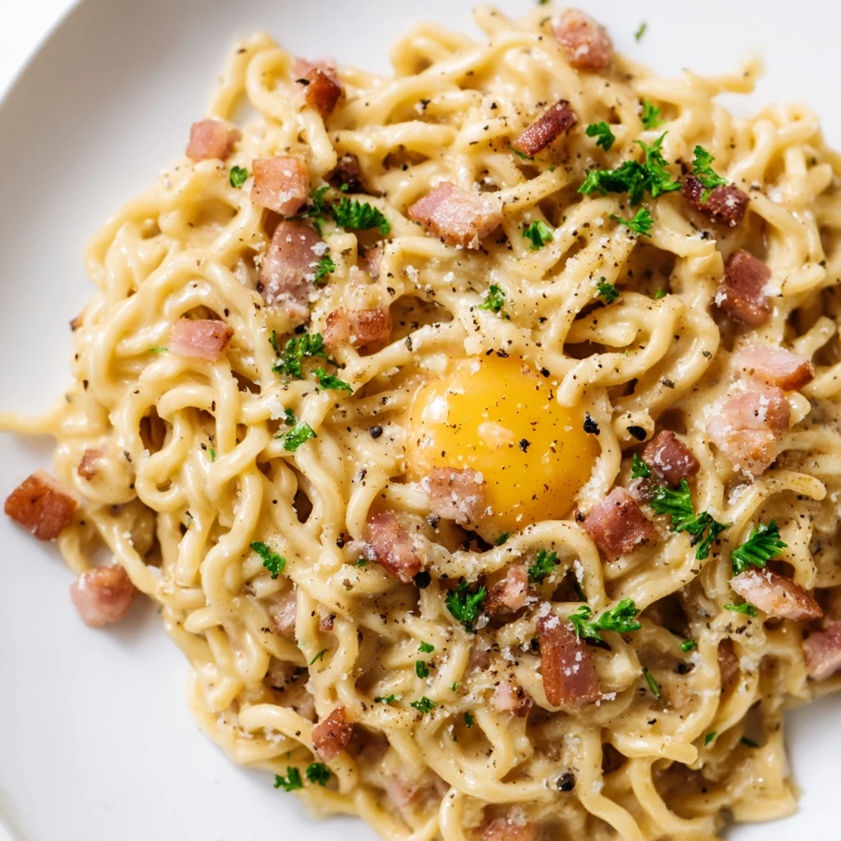 Quick Ramen Carbonara, a fusion dish showcasing golden noodles intertwined with a rich, cheesy sauce.