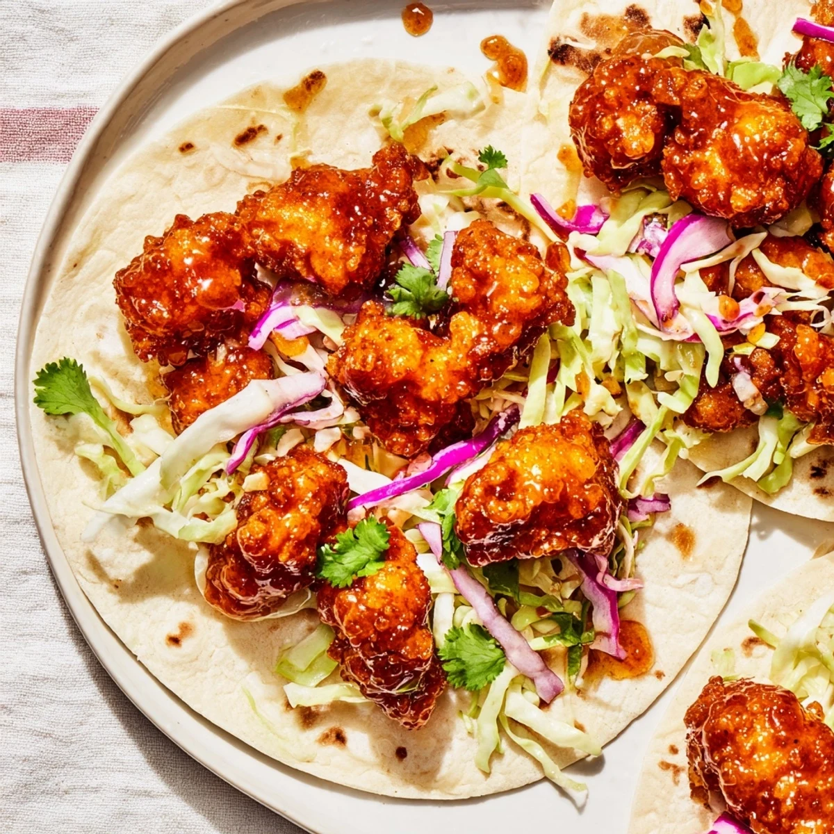 Golden-brown Hot Honey Chicken Tacos, crispy chicken with a spicy honey drizzle, ready to be enjoyed.