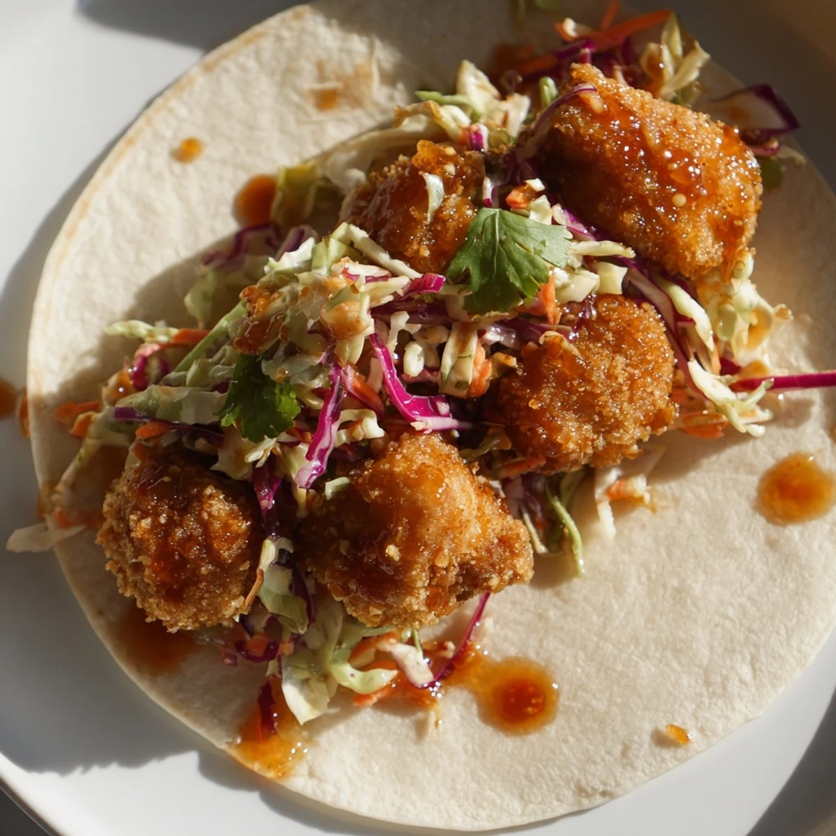 Plated Hot Honey Chicken Tacos, showcasing juicy fried chicken and colorful slaw for a delightful meal.