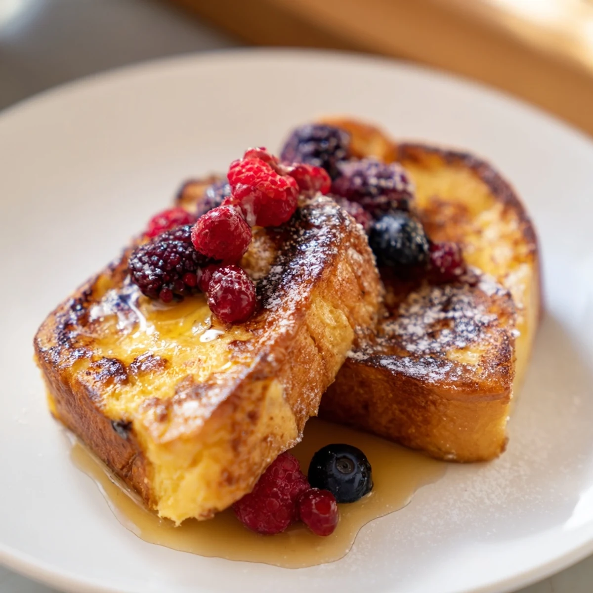 Thick, custardy slices of Ice Cream French Toast, caramelizing in a pan for that perfect brunch treat.