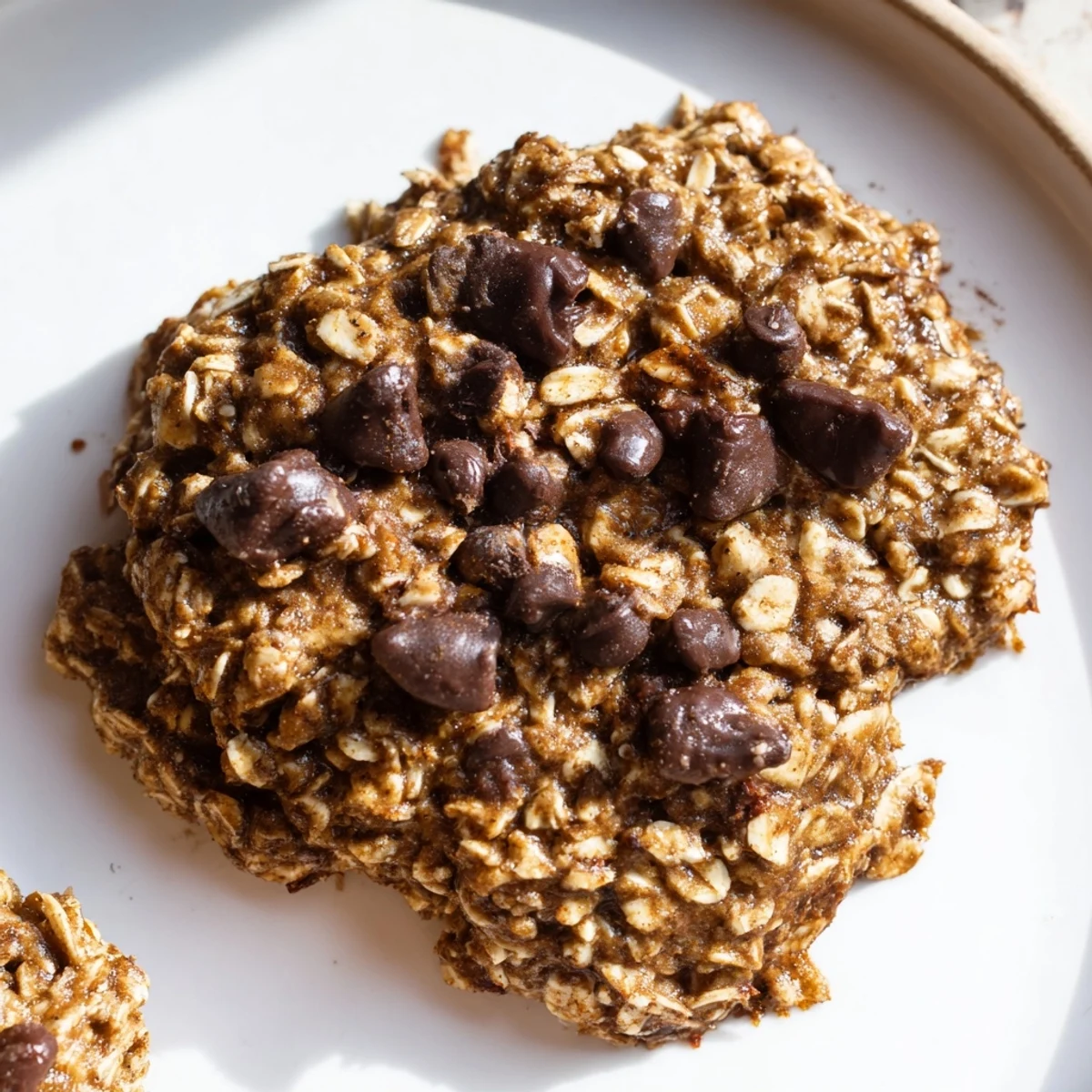 Chewy chocolate oatmeal breakfast cookies studded with dark chocolate chips, ready for a quick morning meal.